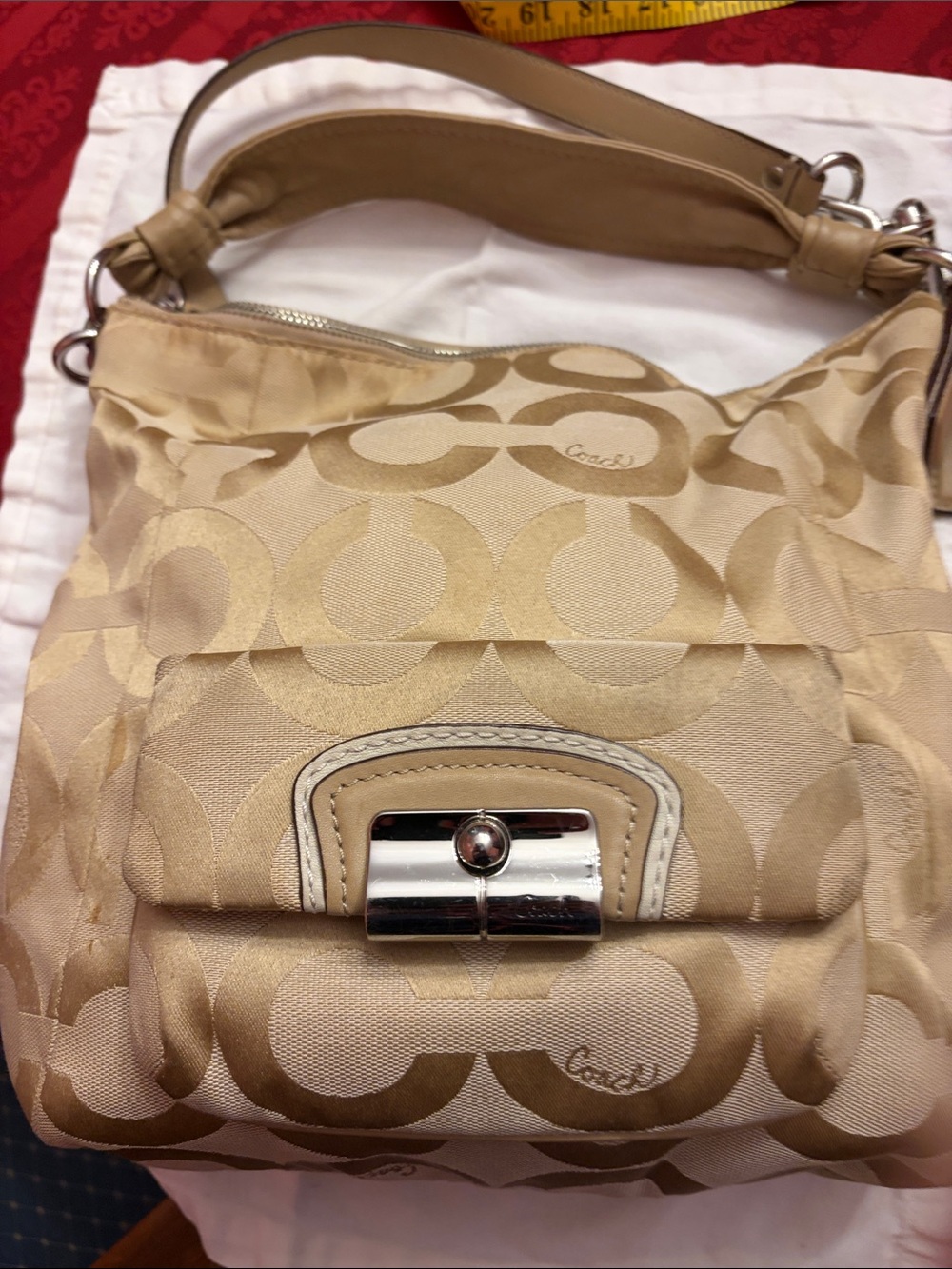 Coach Khaki Signature Jacquard Shoulder Bag with Silver Hardware